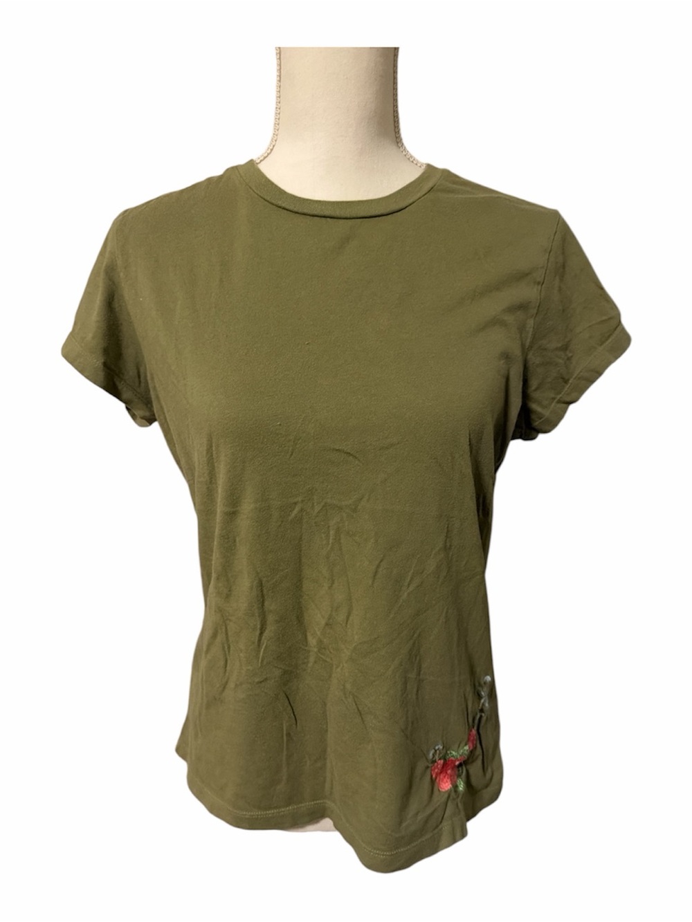 Early 2000’s GAP Olive Green Short Sleeve Crewneck Tee with Floral Detail